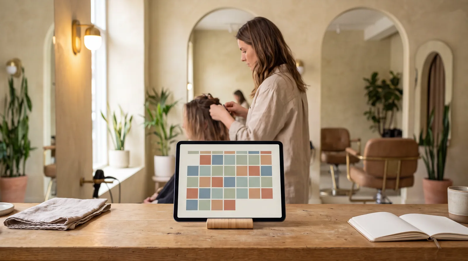 Tablet z kalendarzem rezerwacji na ladzie salonu